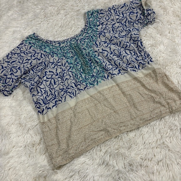 Free People Sheer Blue Cream Boho Print Embroidered Blouse Woman’s Small - Picture 1 of 10